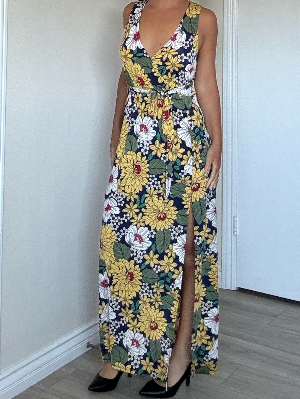 Forever 21 Yellow & Green Floral Wrap Maxi Dress with slit